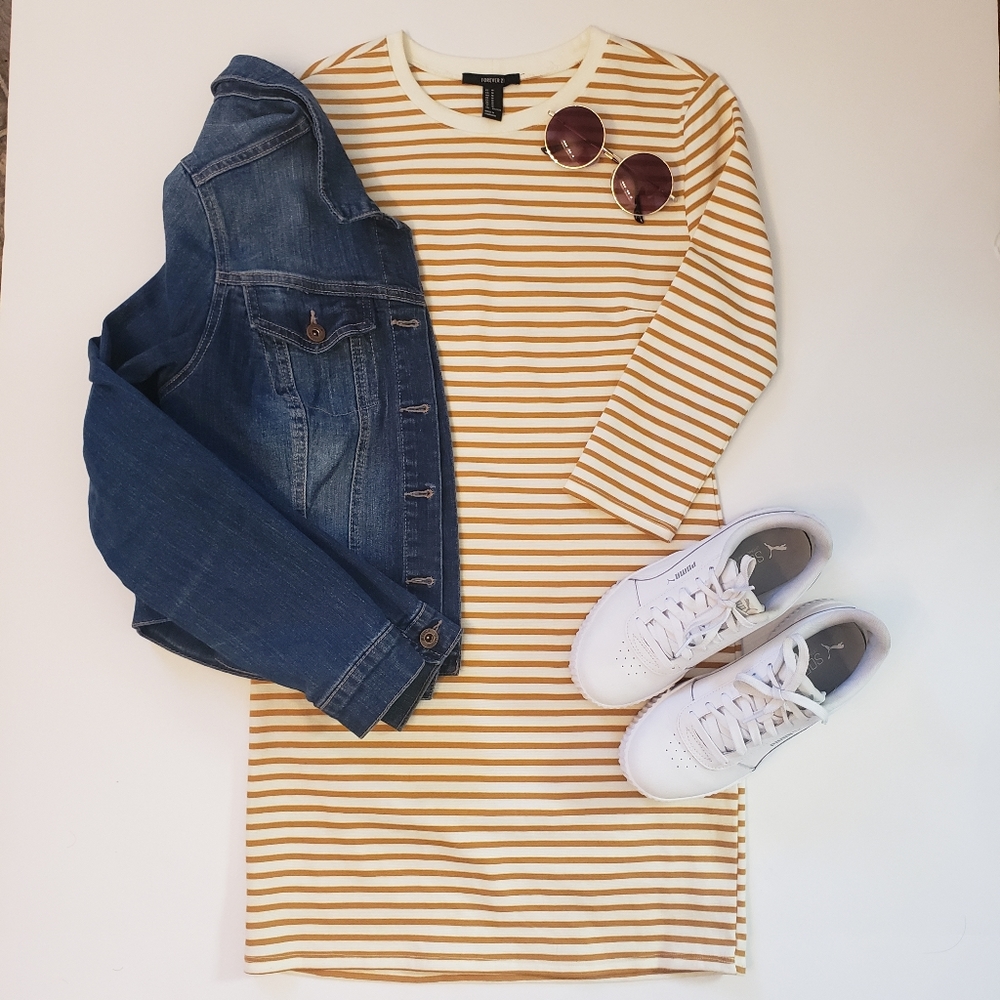 Mustard pinstripes dress.